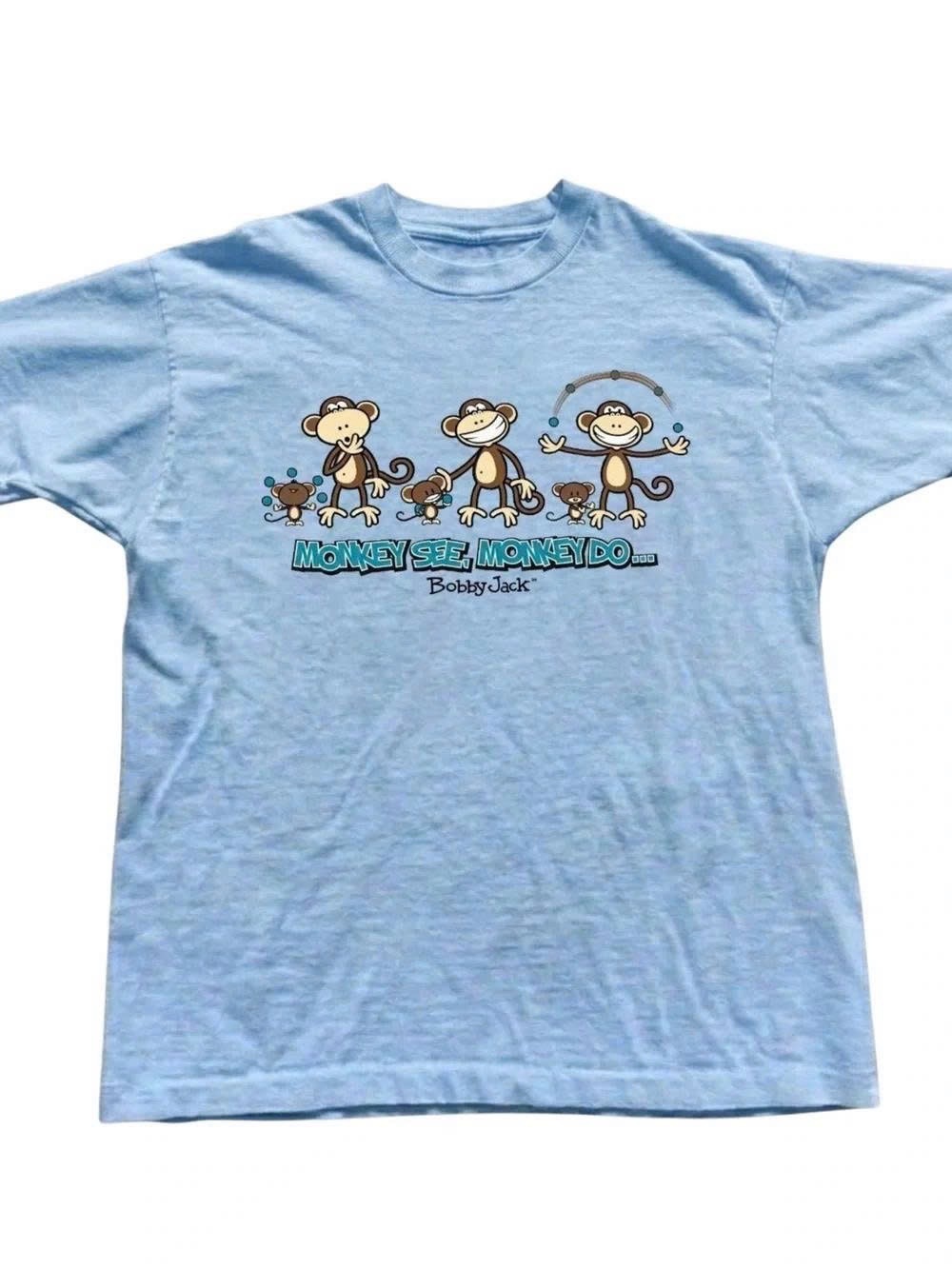 Light Blue Short Sleeve Tee with Playful Monkey Graphic
